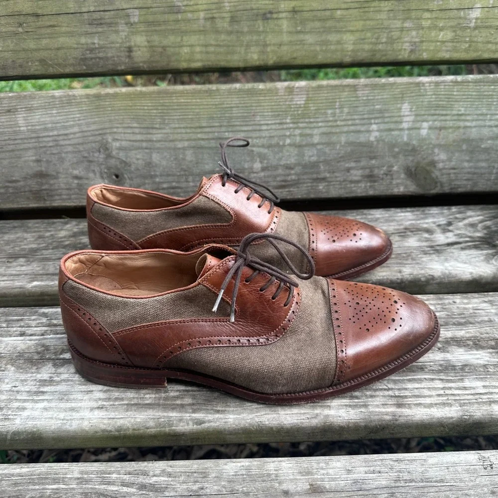 Flag Ltd. Hamilton Brown Leather Canvas Cap Toe Brogue Oxford Dress Shoes Sz 8.5